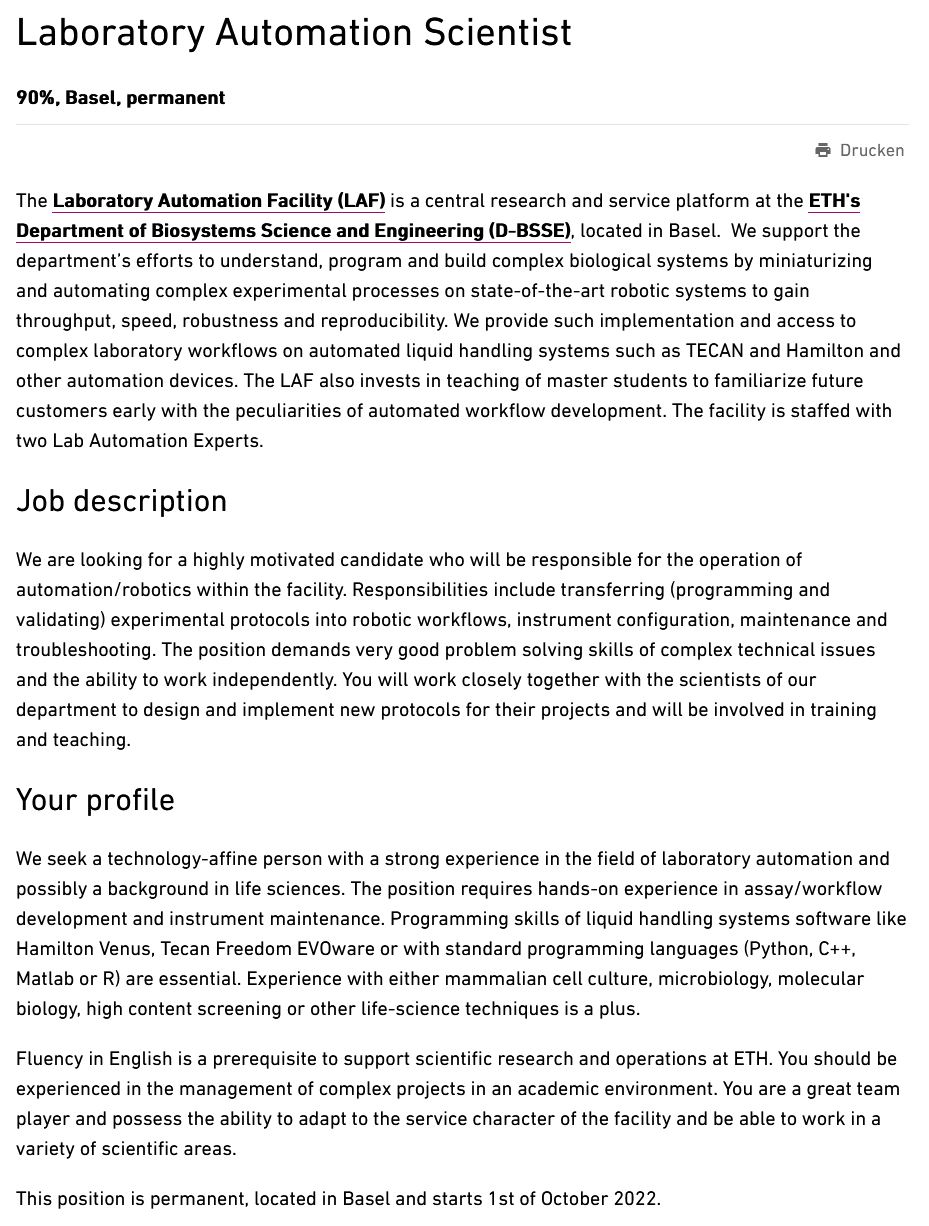 Job ad Laboratory Automation Scientist