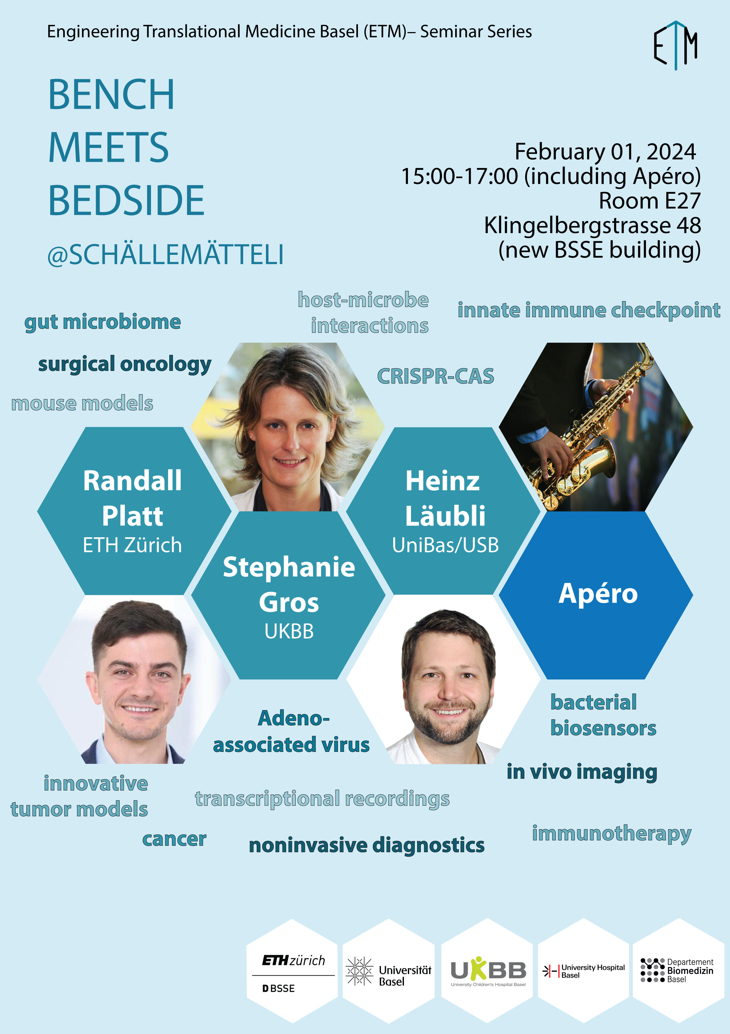 Poster of the ETM seminar with pictures of the speakers and keywords of their talks