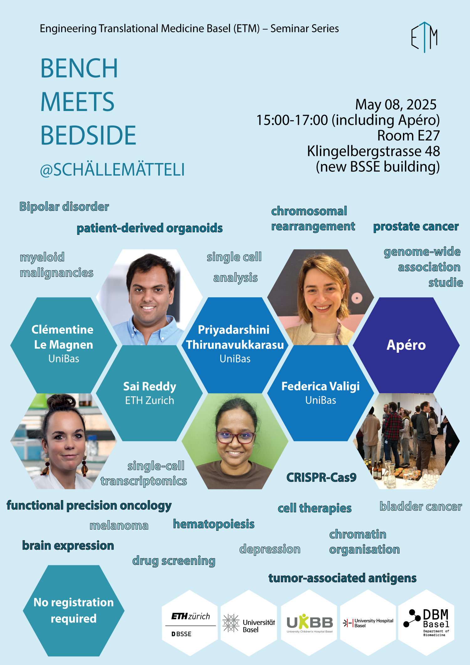 Enlarged view: Poster of the event including portrait pictures of the speakers and keywords of the talks