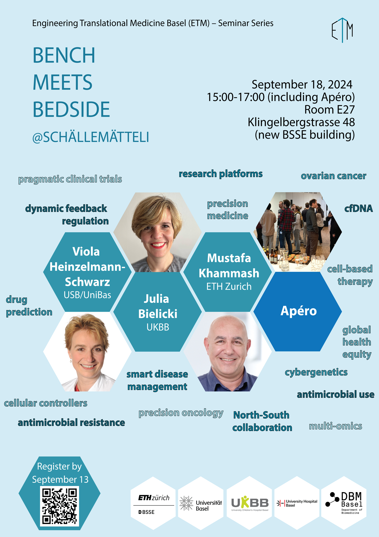 Enlarged view: Flyer of the seminar including portrait pictures of the speakers and keywords for their talks