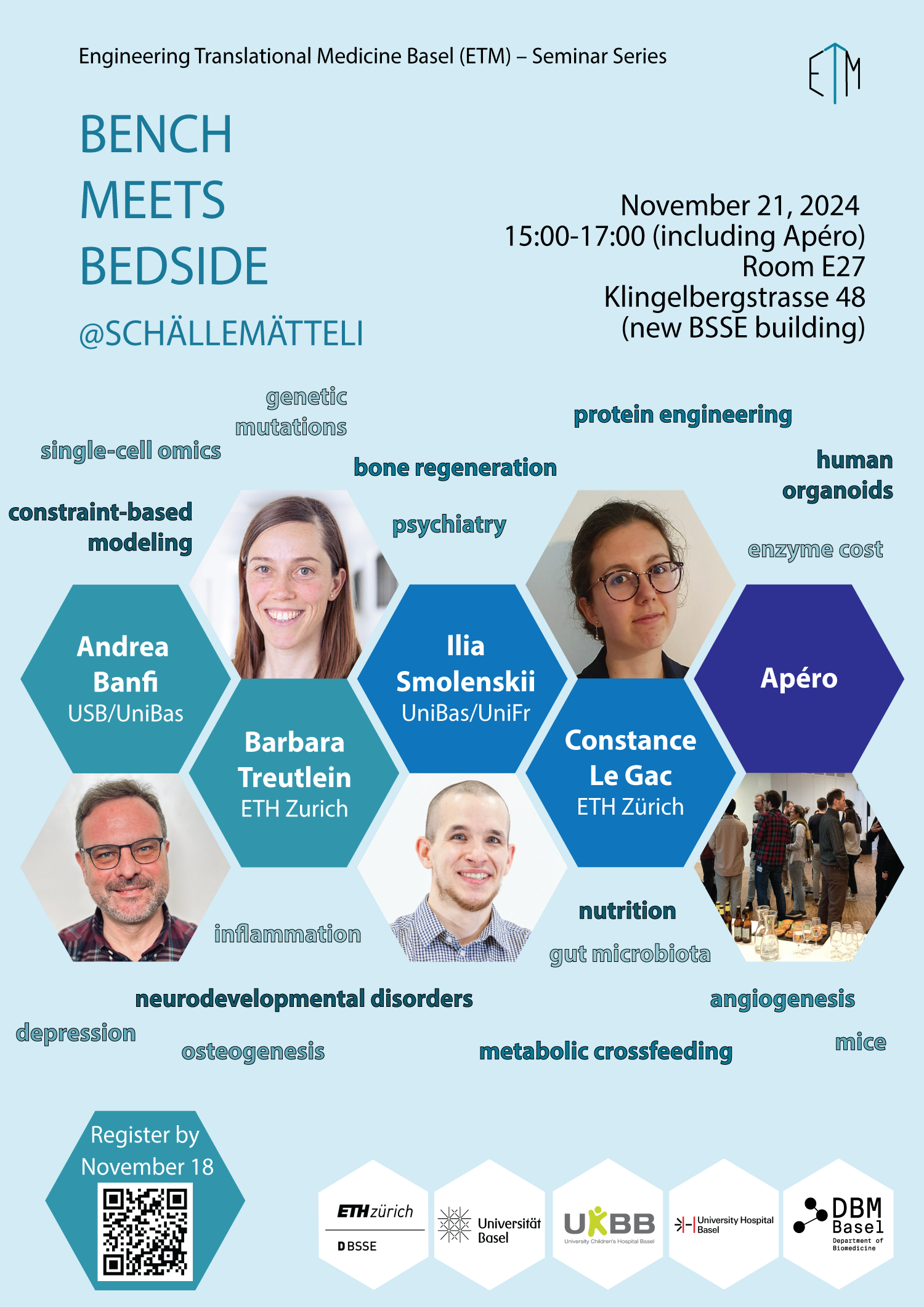 Poster of the event including portrait pictures of the speakers and keywords of the talks